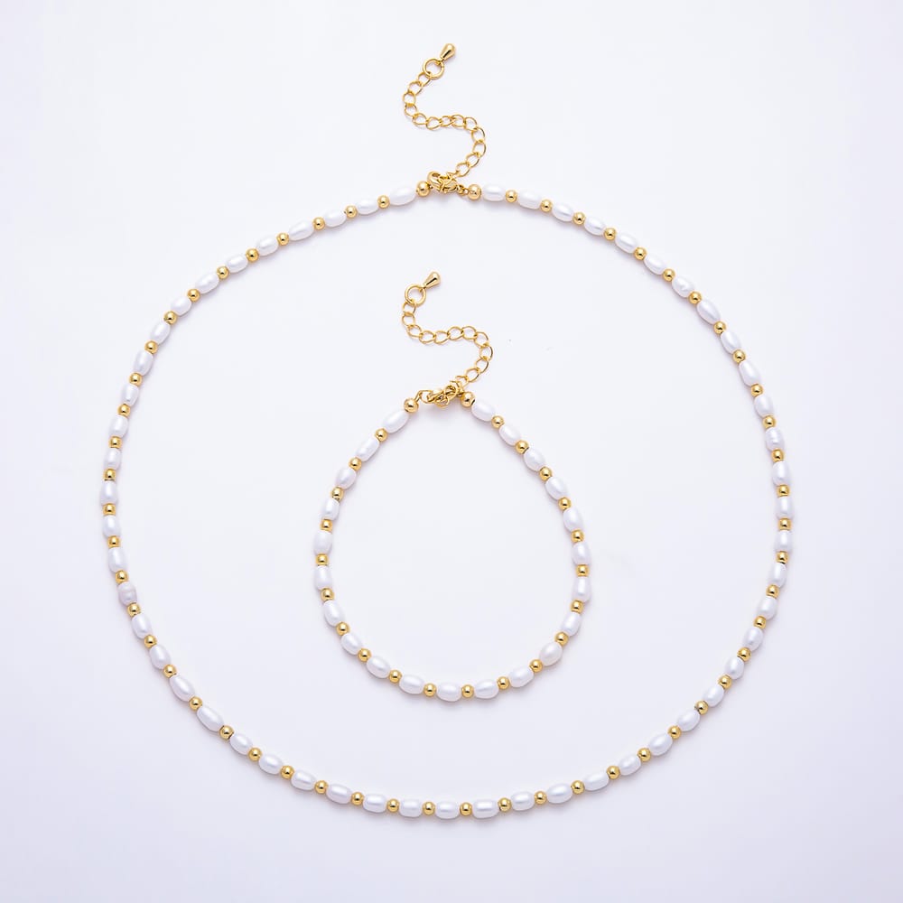 16K Gold Filled 4mm Oval Shell Pearl Bead Gemstone Chain 7.5 Inch Bracelet, 18 Inch Necklace | WA-00981 WA-00991