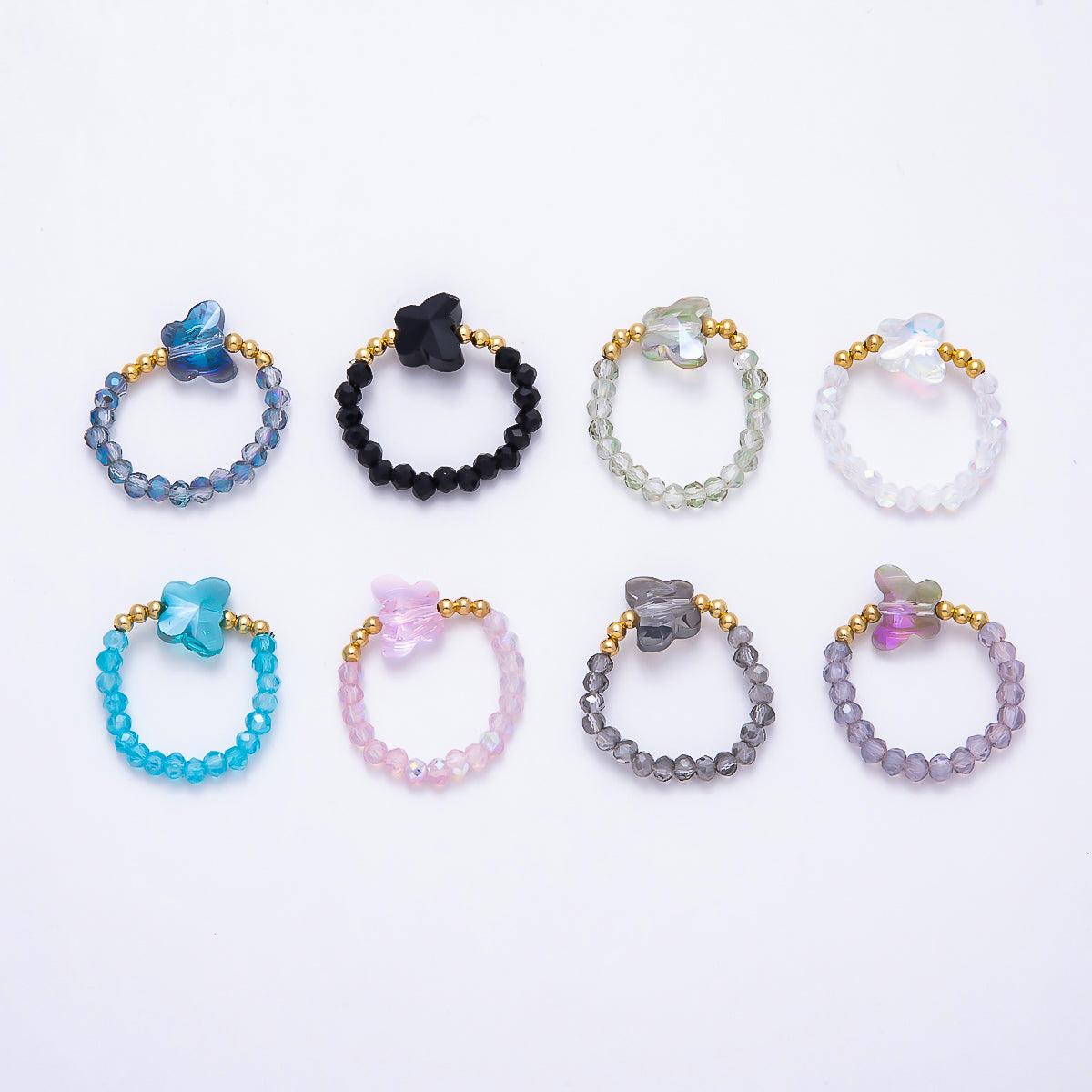 16K Gold Filled Pink, Dark Blue, White, Purple, Black, Green, Blue, Grey Multifaceted Crystal Gemstone Bead Butterfly Stretch Ring | Rings-00339 ~ Rings-00346
