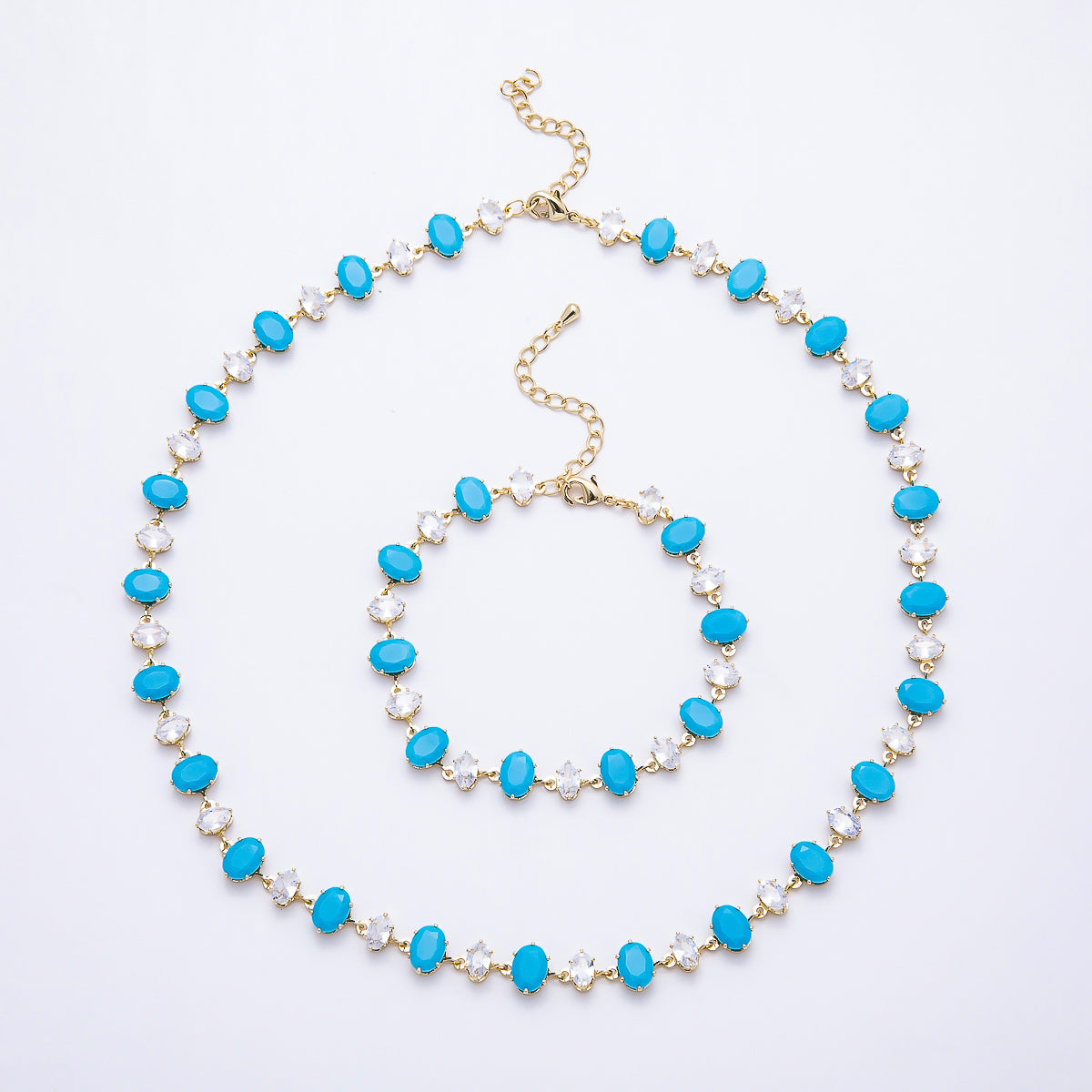 16K Gold Filled 9mm Oval Turquoise & Marquise CZ Station 17 Inch Necklace and Bracelet Set | WA-00418