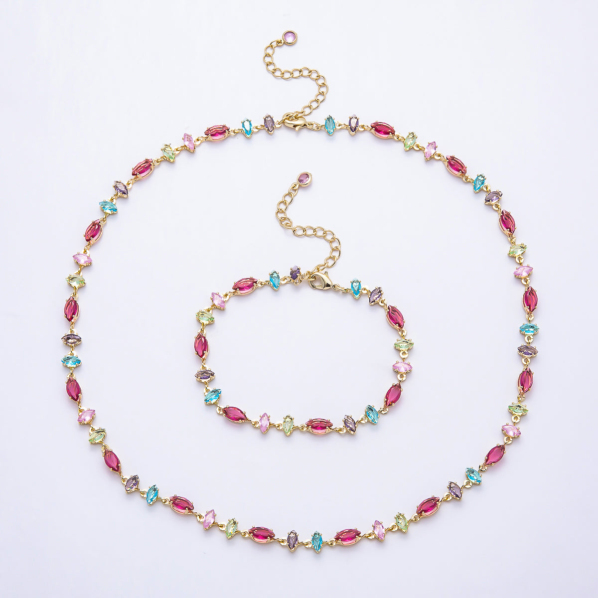 16K Gold Filled 6mm Multicolor Marquise CZ Station 17 Inch Necklace and Bracelet Set | WA-00426