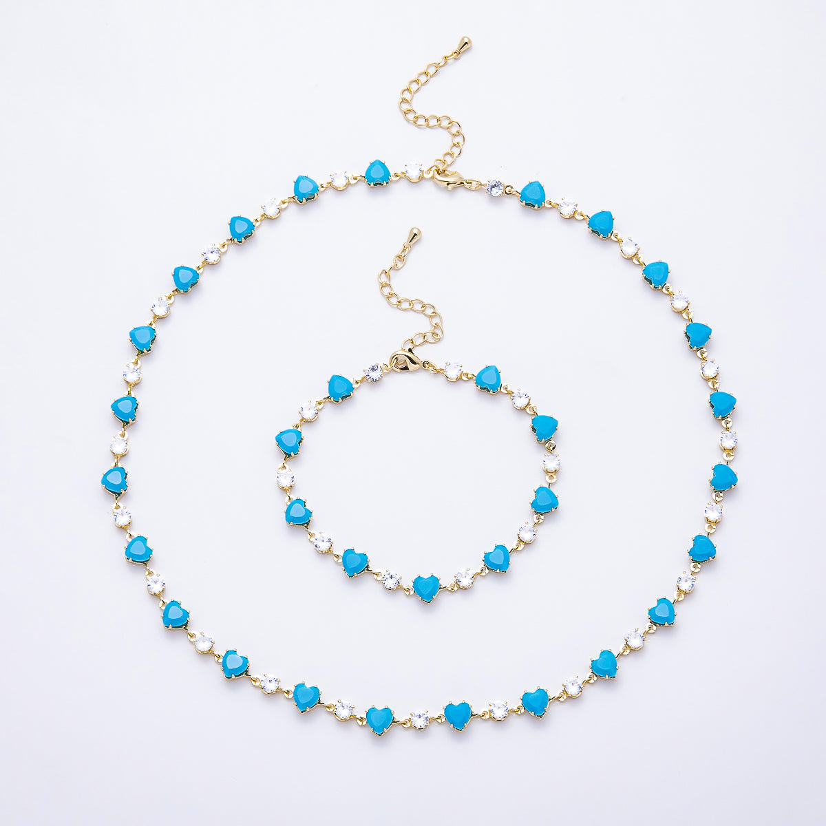 16K Gold Filled 6mm Heart Turquoise Round CZ Station Necklace and Bracelet Set | WA-00421