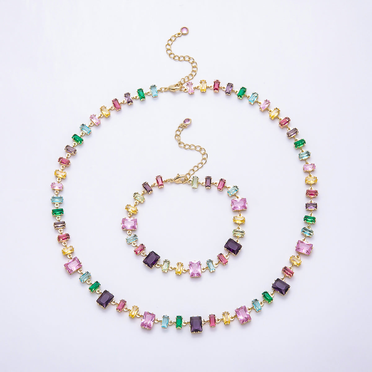 16K Gold Filled 9mm Multicolor Baguette CZ Station 17 Inch Necklace and Bracelet Set | WA-00429