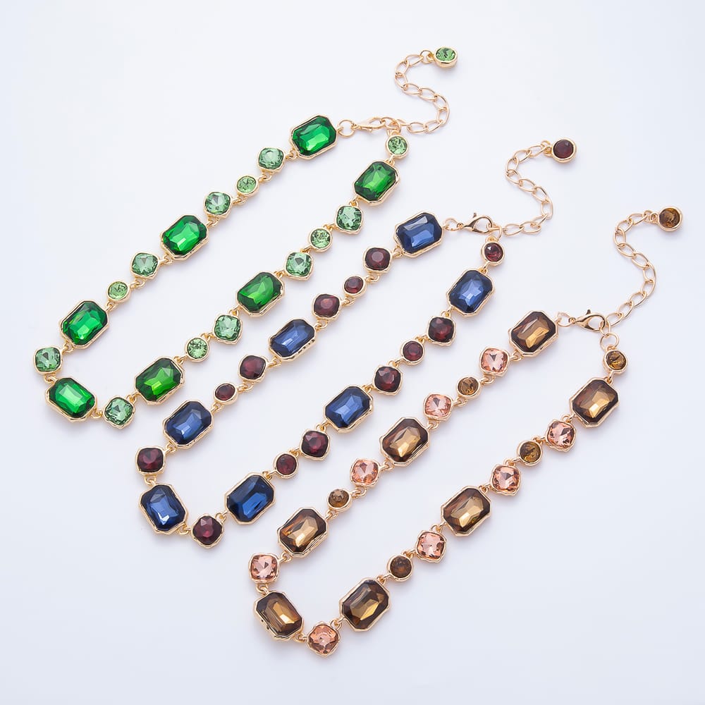 Stainless Steel 16mm Brown, Blue, Green CZ Baguette Round Multifaceted Molten Bezel Gemstone Chain 15.5 Inch Choker Necklace | WA-00176 ~ WA-00178