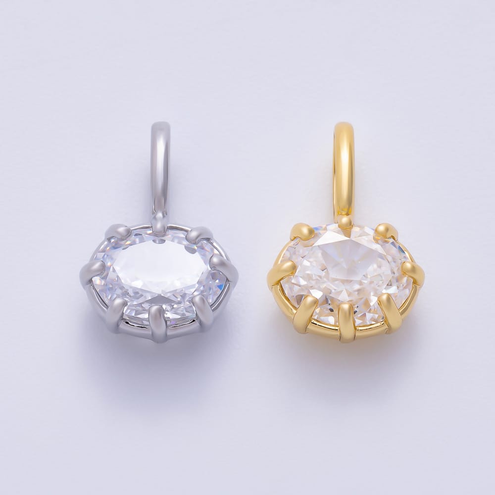 16K Gold Filled 16mm Oval East West Clear CZ Georgian Set Bezel Solitaire Pendant in Gold & Silver | Charms-02412 Charms-02413