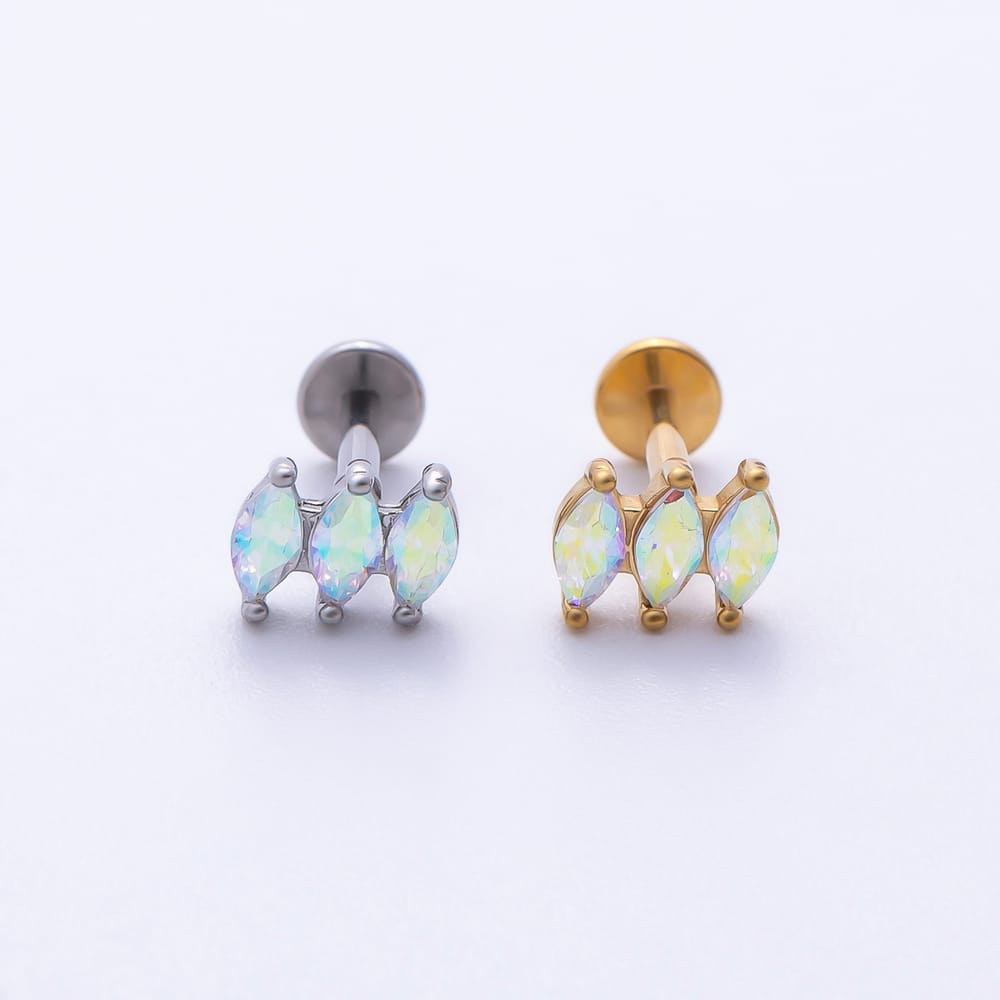 Titanium 5mm Triple White Opal Marquise Cartilage Piercing Flat Back Stud in Gold & Silver | BJ-00255 BJ-00256