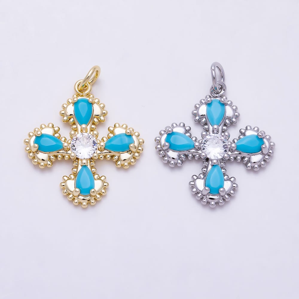 16K Gold Filled 22mm Teardrop Turquoise & Solitaire Clear CZ Vintage Cross Charm | Charms-02050 - Charms-02051