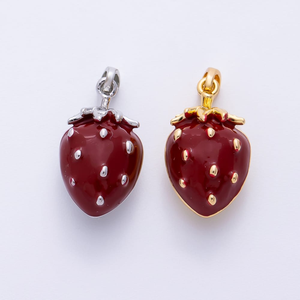 16K Gold Filled 19mm Red Enamel Strawberry Fruit 3D Multidimensional Pendant | Charms-02457 Charms-02458