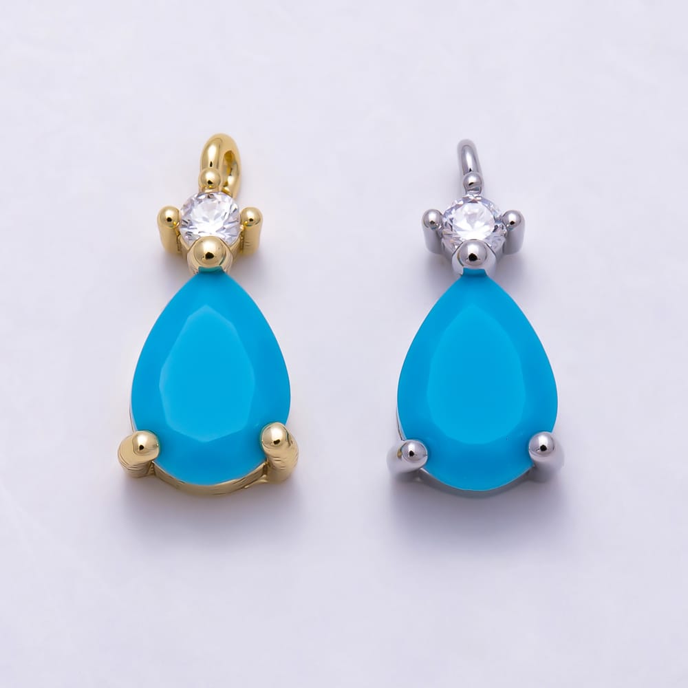 16K Gold Filled 12mm Pear Cut Turquoise Teardrop Clear CZ Accent Pendant | Charms-02109 - Charms-02110
