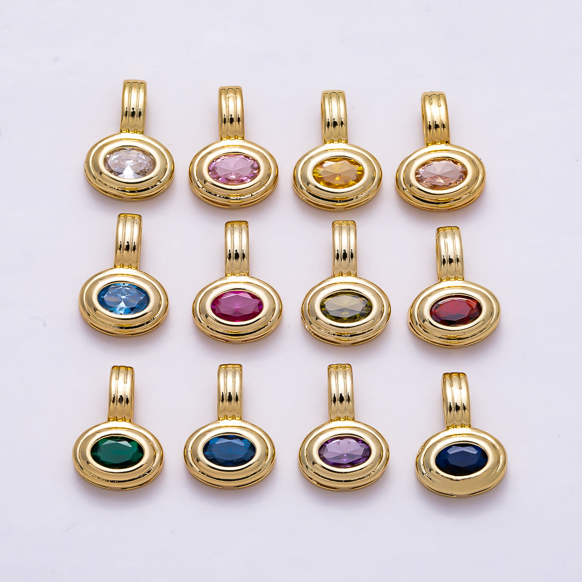 16K Gold Filled 11mm Oval Faceted CZ Birthstone Textured Bail Pendant | Charms-01805