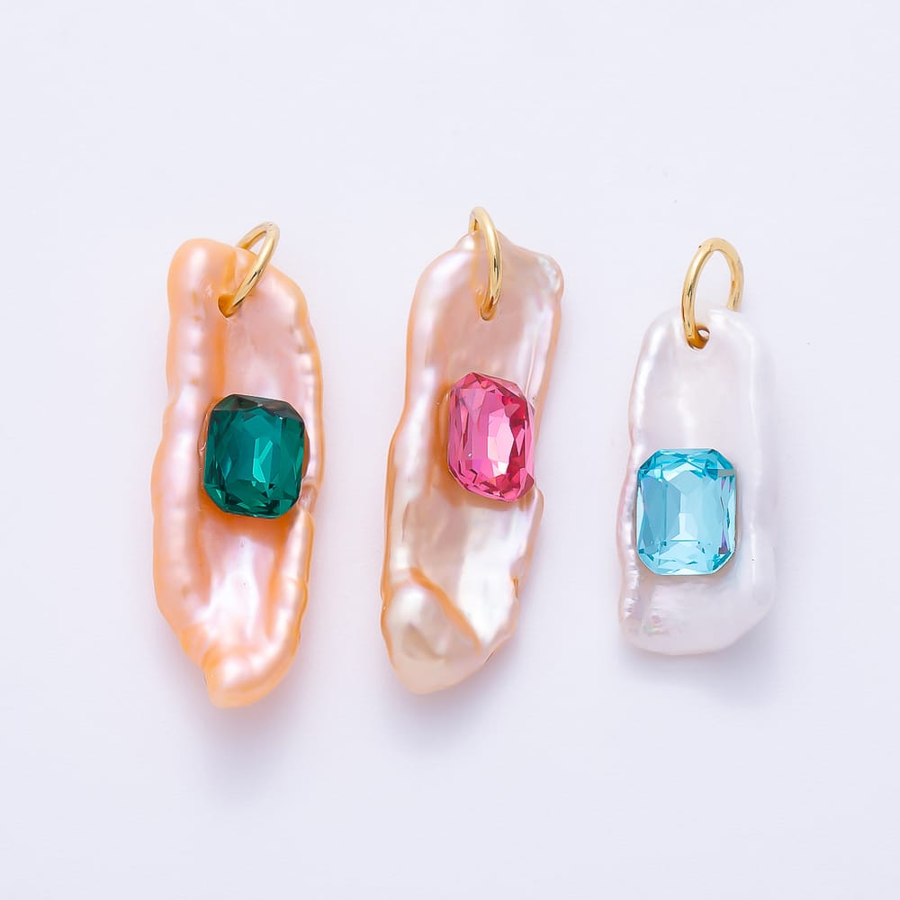 16K Gold Filled 26mm Green, Pink, Blue Baguette CZ Biwa Freshwater Pearl Rectangle Pendant | Charms-02465 ~ Charms-02467