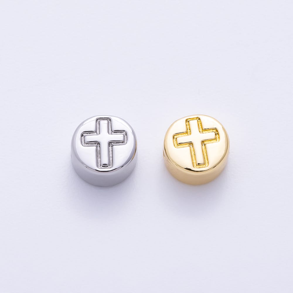 16K Gold Filled 7mm Minimalist Engraved Religious Cross Round Bead in Gold & Silver | Beads-00637 Beads-00638