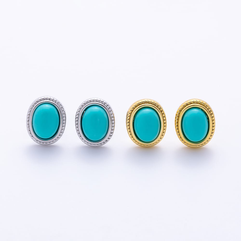 16K Gold Filled 15mm Turquoise Oval Cabochon Stud Earrings in Gold & Silver | Earrings-01223 Earrings-01224