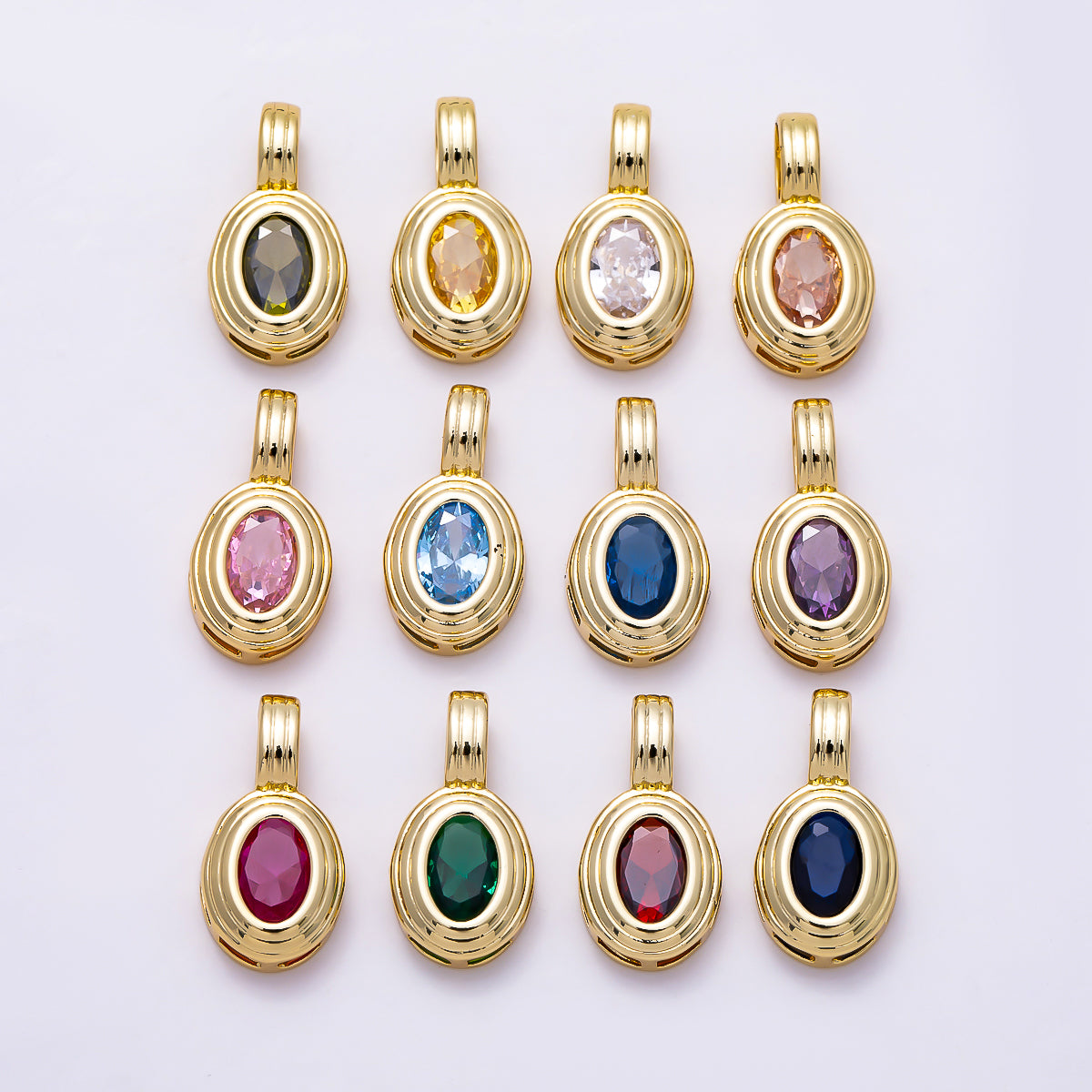 16K Gold Filled 16mm Minimalist Oval Bezel CZ Birthstone Textured Bail Pendant | Charms-01817 - Charms-01828