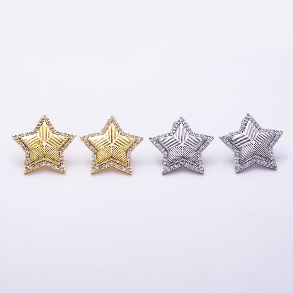 16K Gold Filled 23mm Micro Paved CZ Textured Puffed Celestial Star Stud Earrings| Earrings-00924 - Earrings-00925