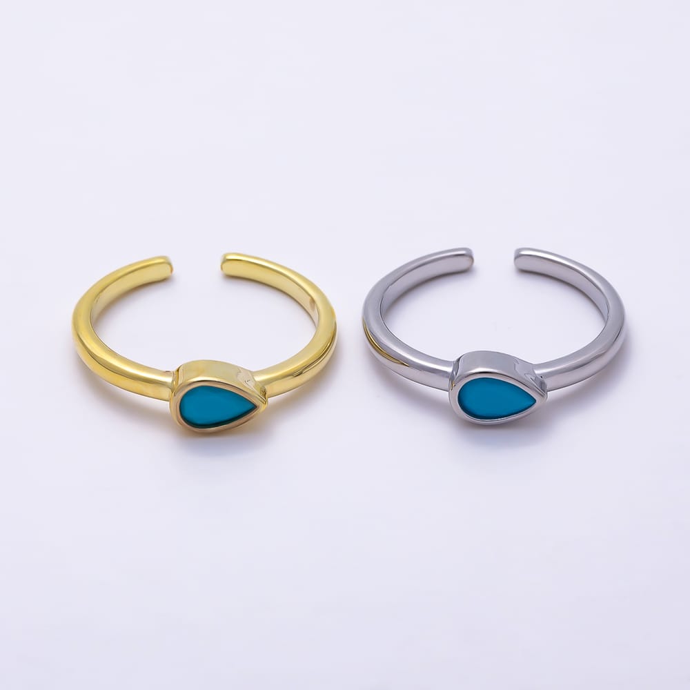 16K Gold Filled Turquoise CZ Teardrop Bezel Open Adjustable Ring | Rings-00393 - Rings-00394