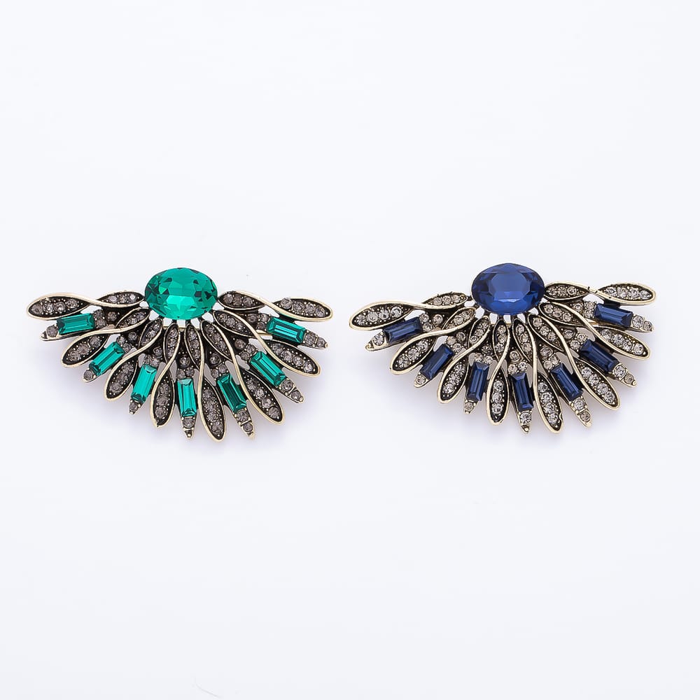 Vintage Gold Green, Blue Rhinestone Geometric Feather Fan Pin Brooch | BH-00224 BH-00225