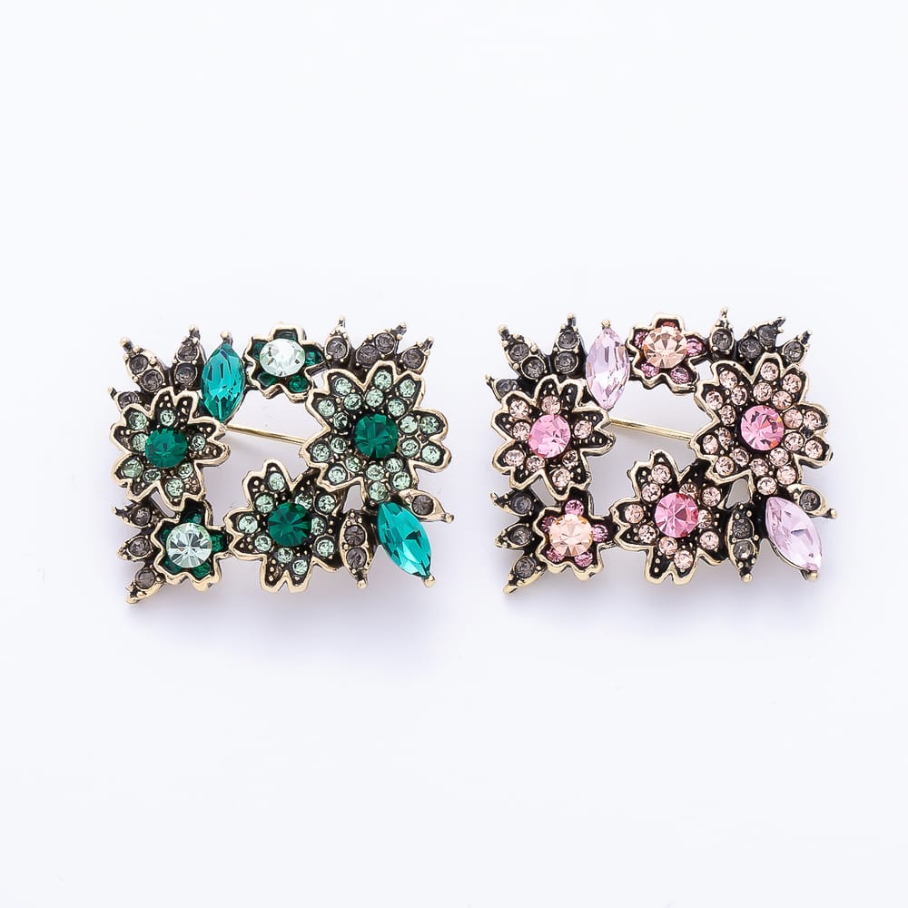 Vintage Gold Pink, Green Rhinestone Cluster Flower Rectangle Pin Brooch | BH-00219 BH-00220