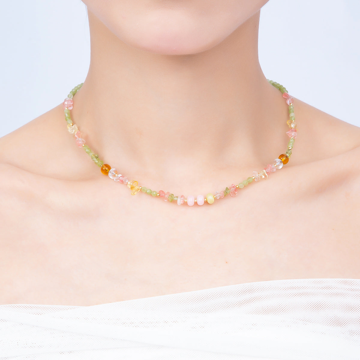Handmade 5mm Pink Quartz Green Peridot Earth Tone Rondelle Pebble Multi Gemstone Chain 16 Inch Necklace | WA-04733