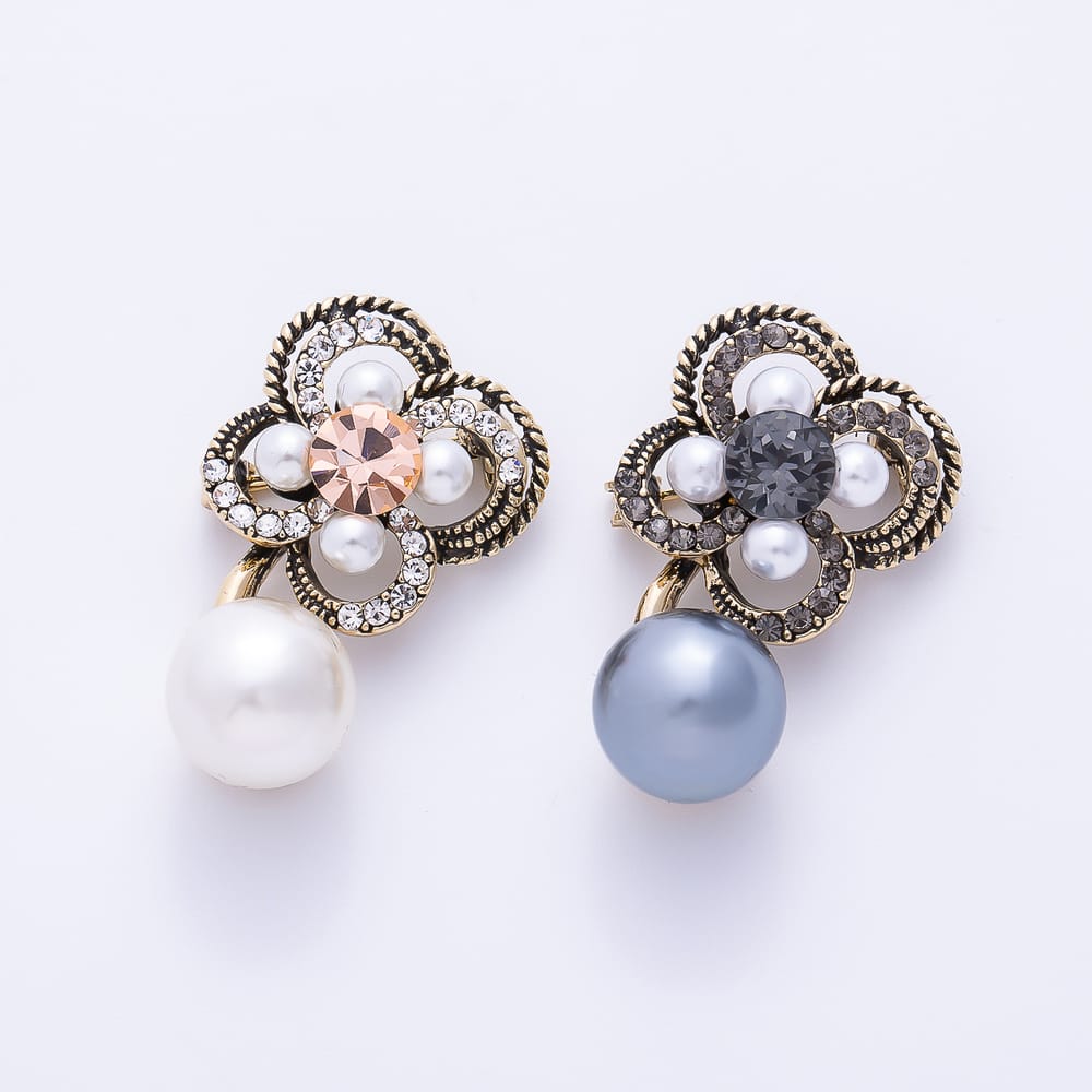 Vintage Gold 30mm White, Black Pearl Rhinestone Open Flower Drop Pin Brooch | BH-00227 BH-00228