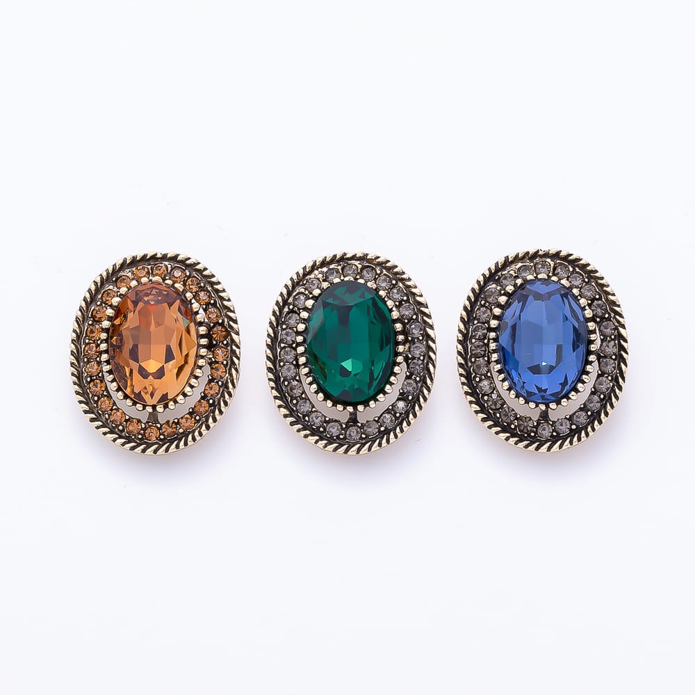 Vintage Gold Blue, Brown, Green Rhinestone Solitaire Bezel Oval Pin Brooch | BH-00249 ~ BH-00251