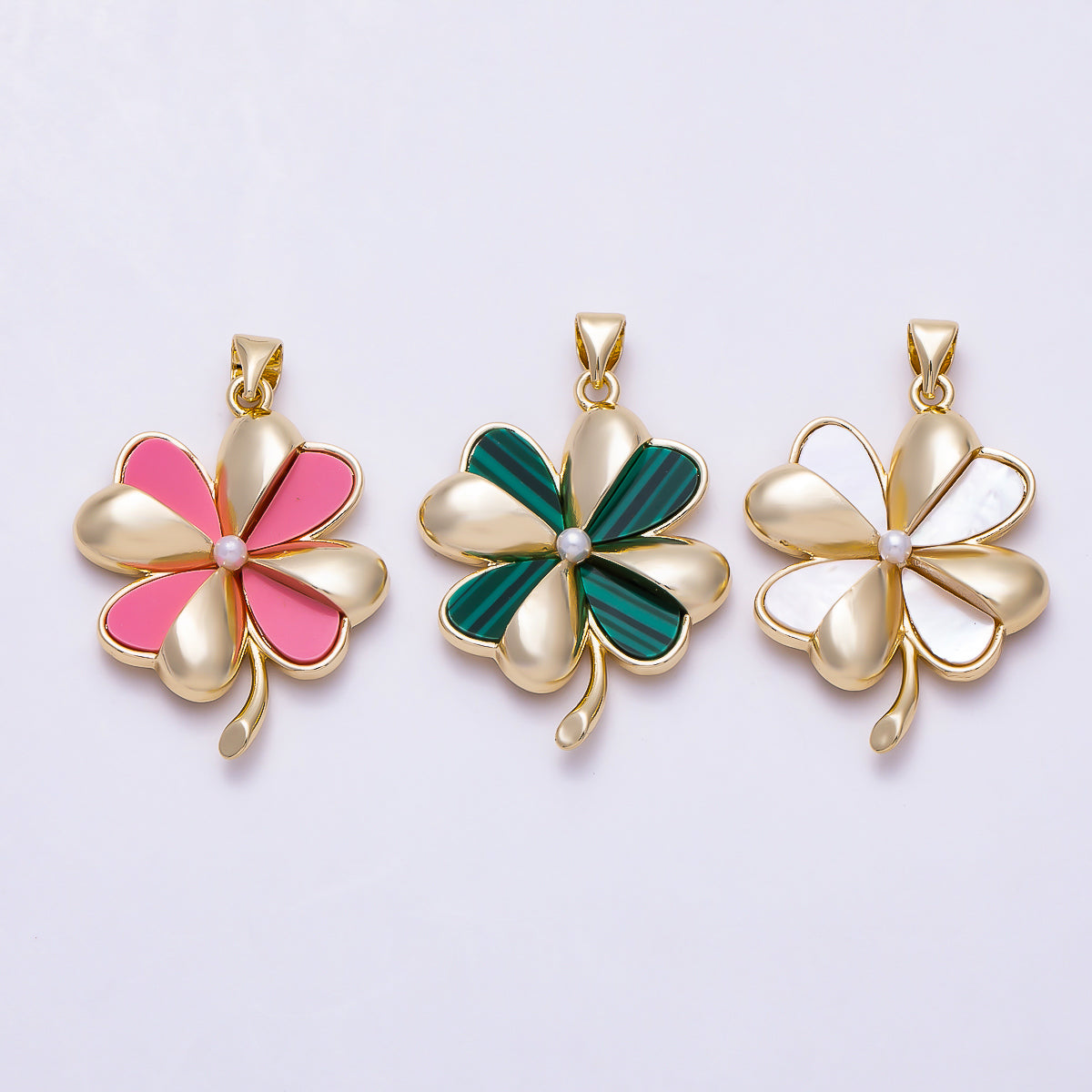 16K Gold Filled 30mm Multi Color Four Leaf Natural Gemstone Lucky Clover Pendant | Charms-02076 - 02078