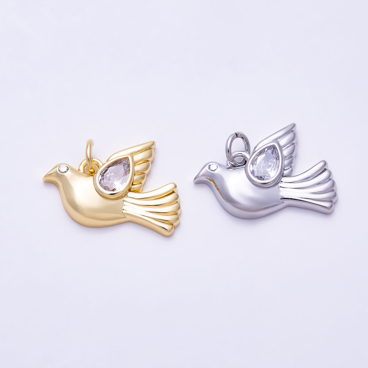 16K Gold Filled 20mm Clear Teardrop CZ Wing Flying Dove Charm | Charms-02045 - Charms-02046