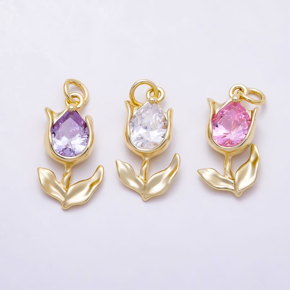 16K Gold Filled 21mm Colorful Pear Cut CZ Tulip Flower Charm | Charms-02159 - Charms-02161