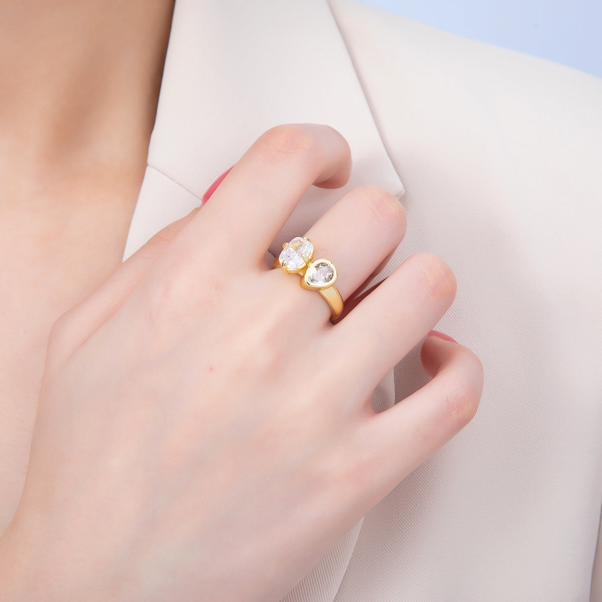 16K Gold Filled Clear CZ Teardrop Bezel Oval Prong Toi et Moi Solitaire Ring in Gold & Silver | Rings-00276 Rings-00277