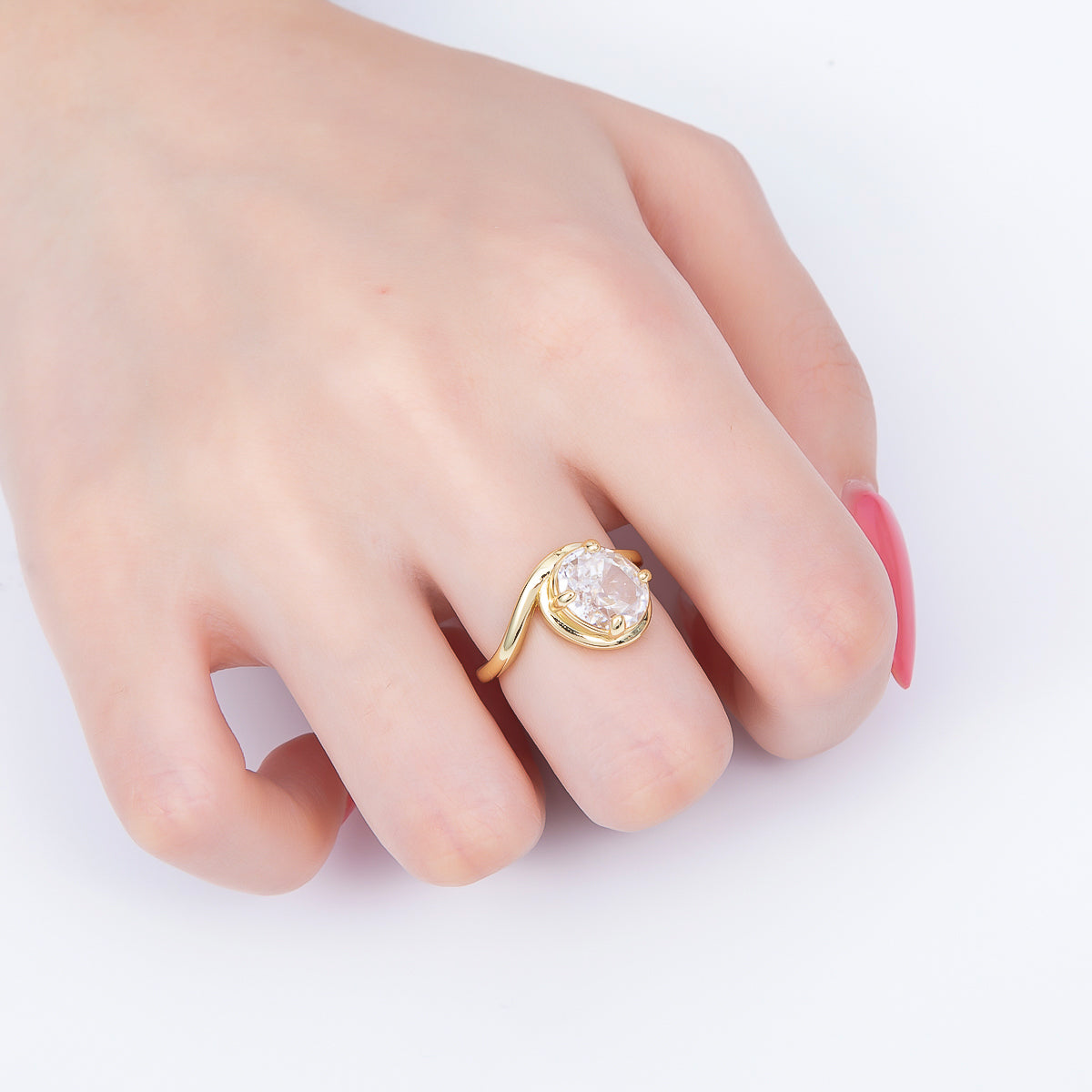 16K Gold Filled Clear CZ Oval Prong Bezel Curved Ring | Rings-00280