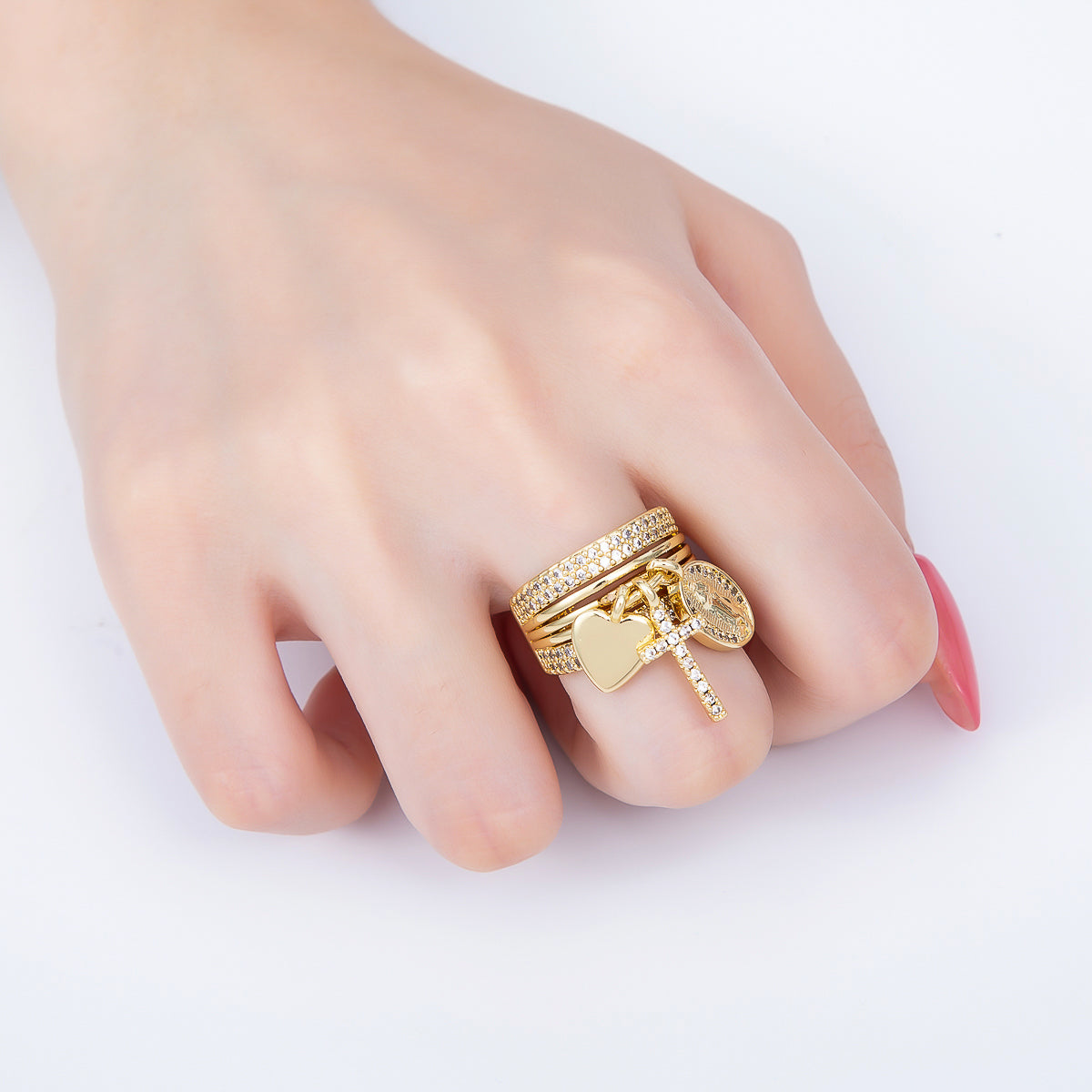 16K Gold Filled Micro Paved CZ Heart Mary Cross Religious Drop Ring in Gold & Silver | Rings-00281 Rings-00282