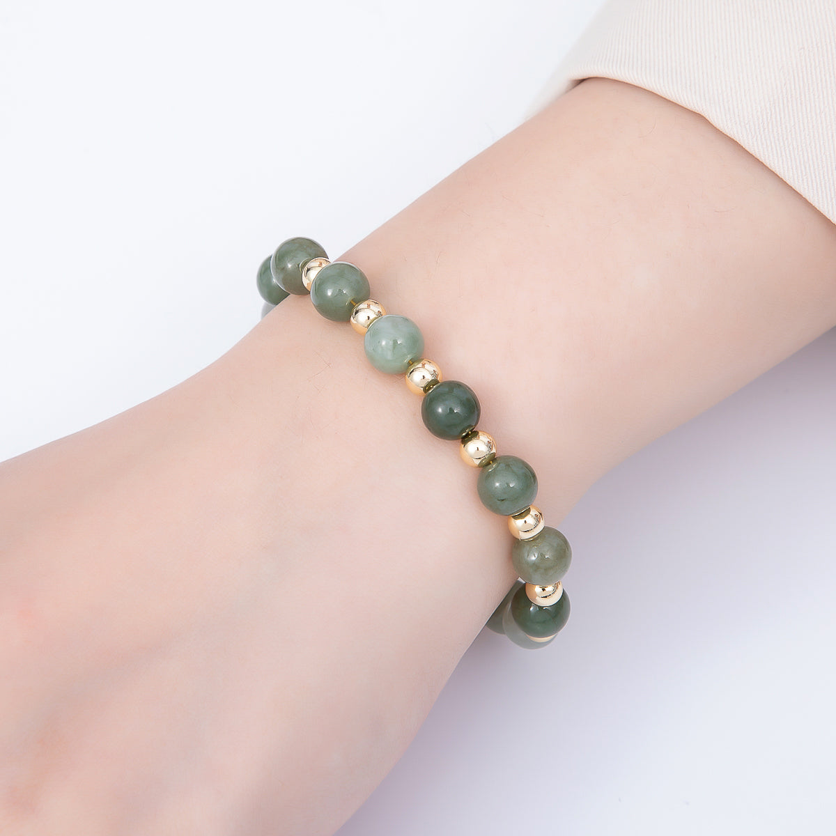16K Gold Filled 8mm Green Aventurine Round Bead Gemstone Chain 7.5 Inch Bracelet w. Extender | WA-00213