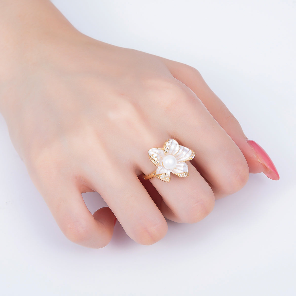 18K Gold Filled Shell Pearl Micro Paved CZ Enamel Flower Ring | Rings-00286
