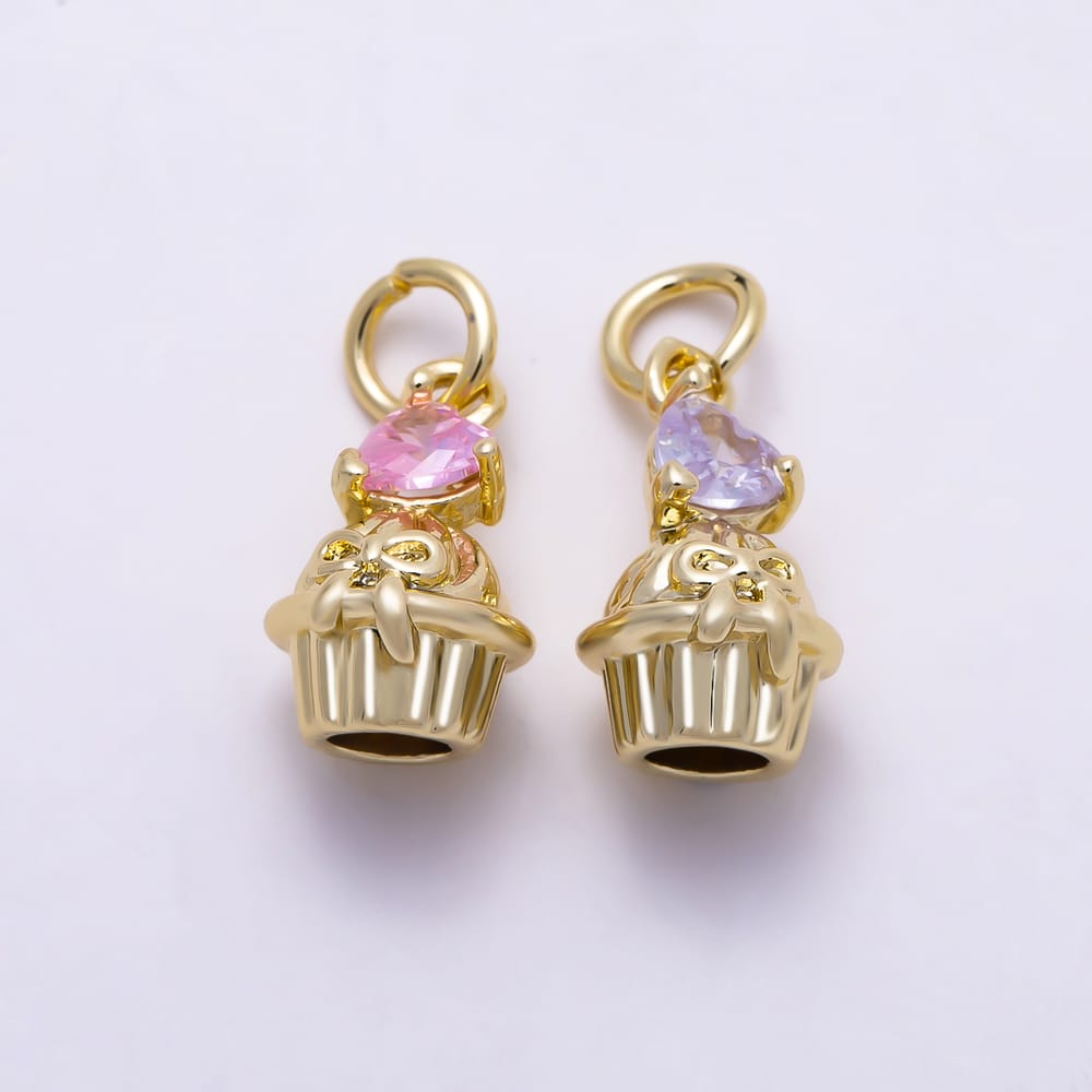 16K Gold Filled 12mm Purple, Pink Heart CZ Cupcake Dessert 3D Multidimensional Charm | Charms-02245 Charms-02246