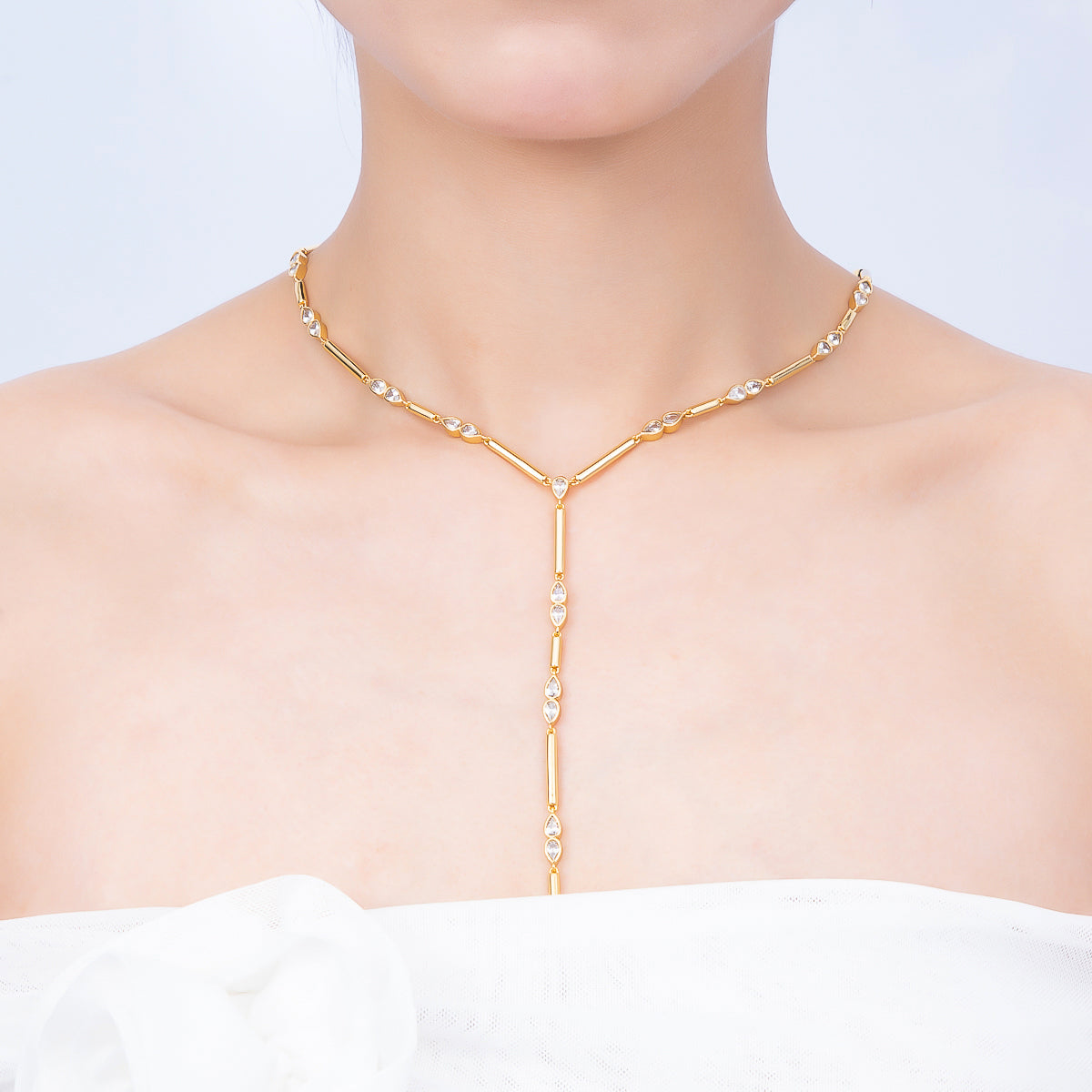 16K Gold Filled 4mm Clear, Green, Fuchsia CZ Teardrop Bar Lariat 17.5 Inch Necklace | WA-00146 WA-00153 WA-00185