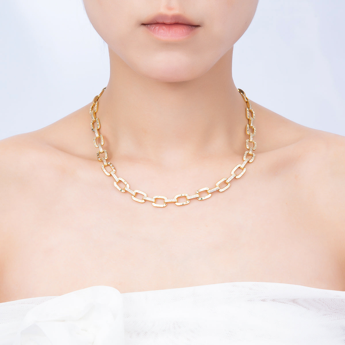 16K Gold Filled 9mm Clear Micro Paved CZ Dotted Paperclip 18 Inch Necklace | WA-04759