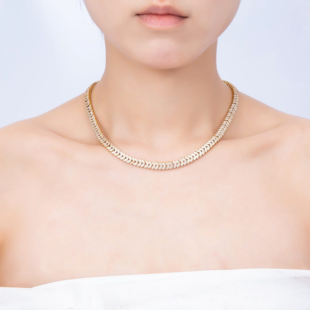 16K Gold Filled 7mm Micro Paved CZ Heart Curb Chain 17 Inch Adjustable Necklace | WA-04758