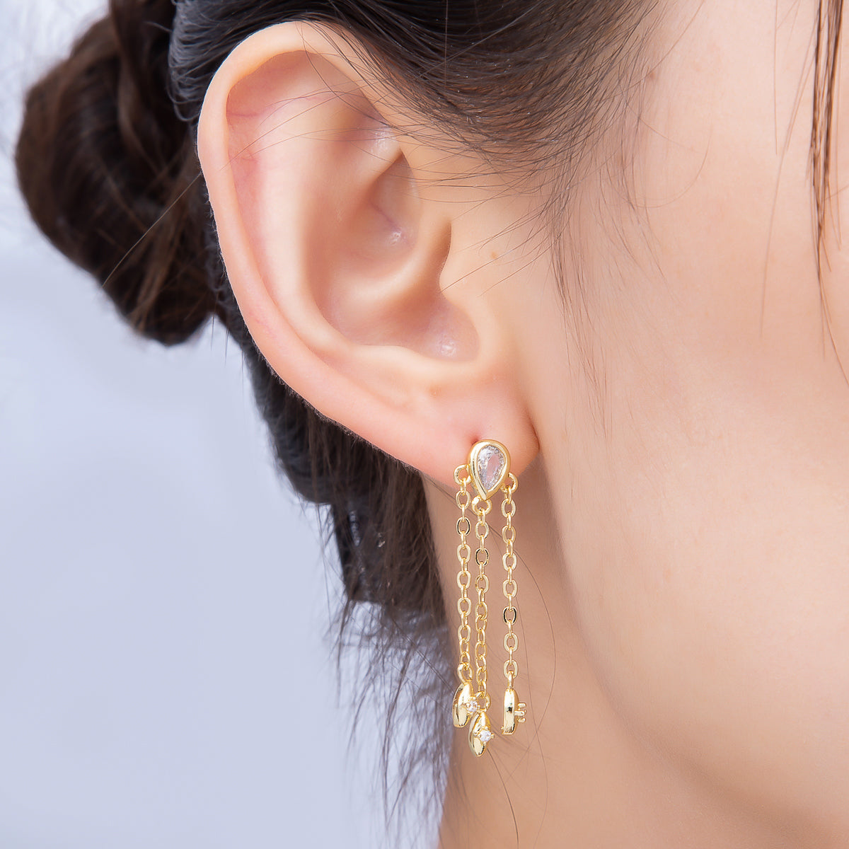 16K Gold Filled 40mm Clear, Green CZ Teardrop Triple Chain Drop Stud | Earrings-00690 Earrings-00691
