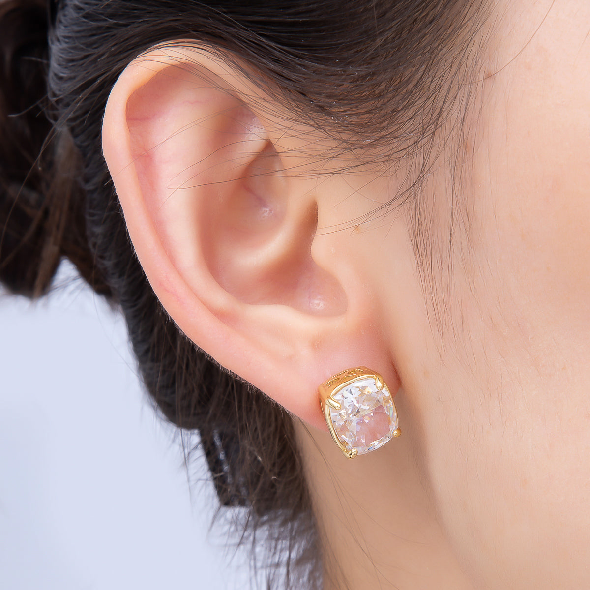16K Gold Filled 11mm Clear CZ Rounded Oval Baguette Prong Stud | Earrings-00694