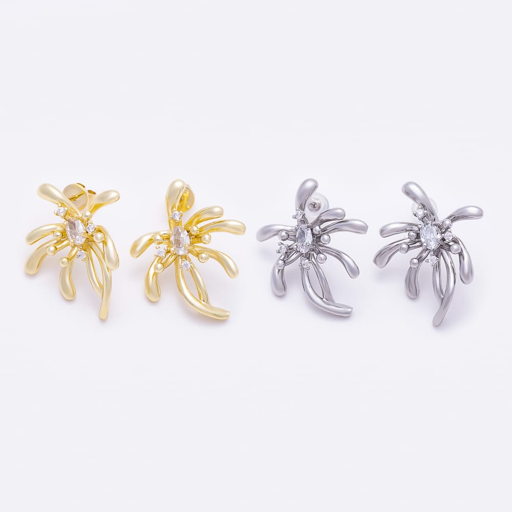 16K Gold Filled 30mm Oval CZ Sculptural Firework Stud Earrings in Gold & Silver | Earrings-00882 - Earrings-00883