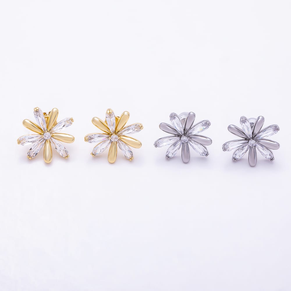 16K Gold Filled 19mm Marquise CZ & Smooth Petal Flower Stud Earrings in Gold & Silver | Earrings-00890 - Earrings-00891