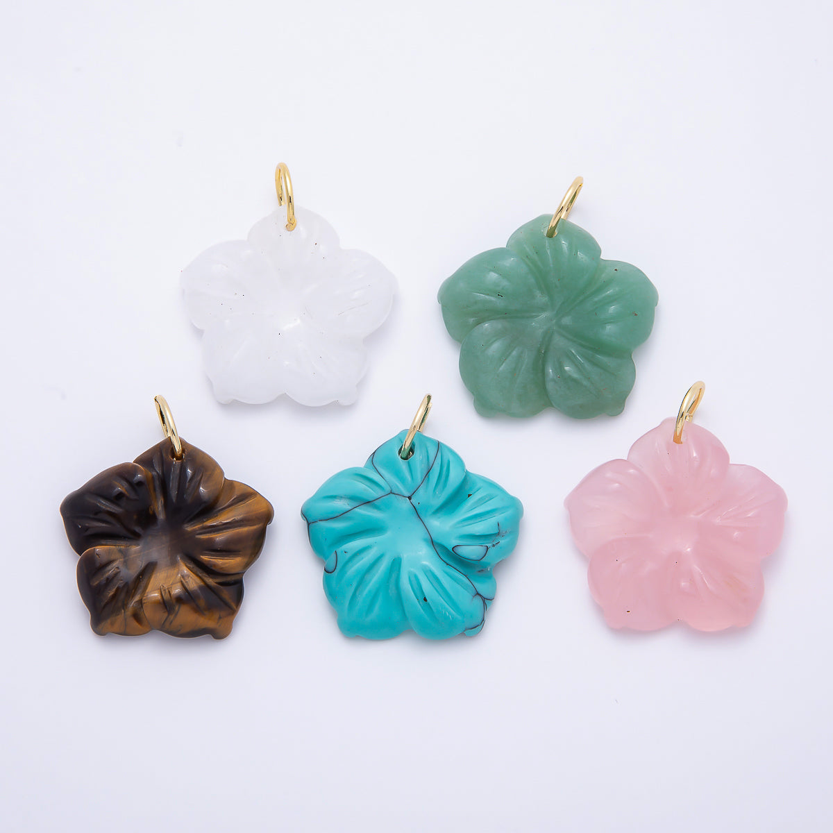 Stainless Steel 30mm White Quartz, Aventurine, Rose Quartz Gemstone Flower Charm | Charms-01425