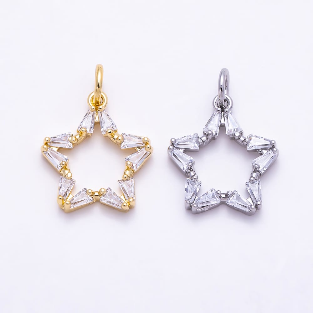 16K Gold Filled 27mm Baguette Clear CZ Celestial Openwork Star Charm | Charms-02154 - Charms-02155