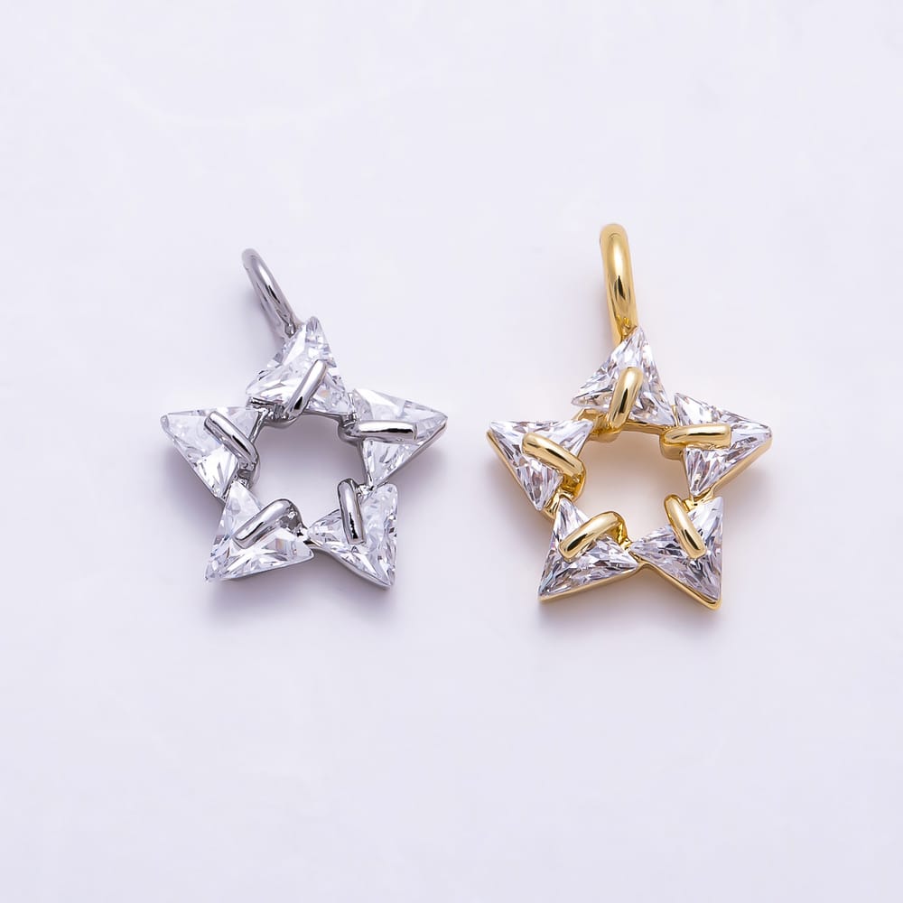 16K Gold Filled 13mm Trillion-Cut Clear CZ Hollow Pentagram Star Charm | Charms-02156 - Charms-02157