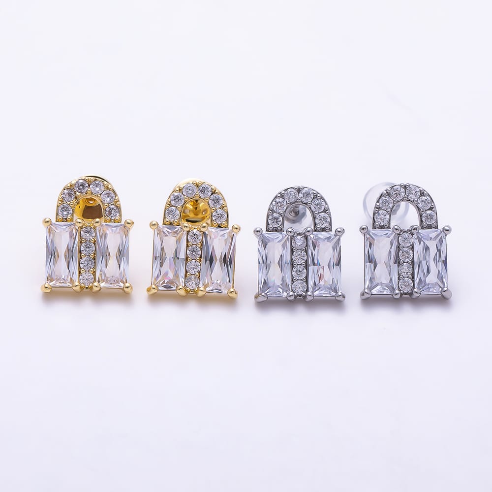 16K Gold Filled 15mm Clear Baguette CZ Handbag Lock Motif Stud Earrings| Earrings-00888 - Earrings-00889