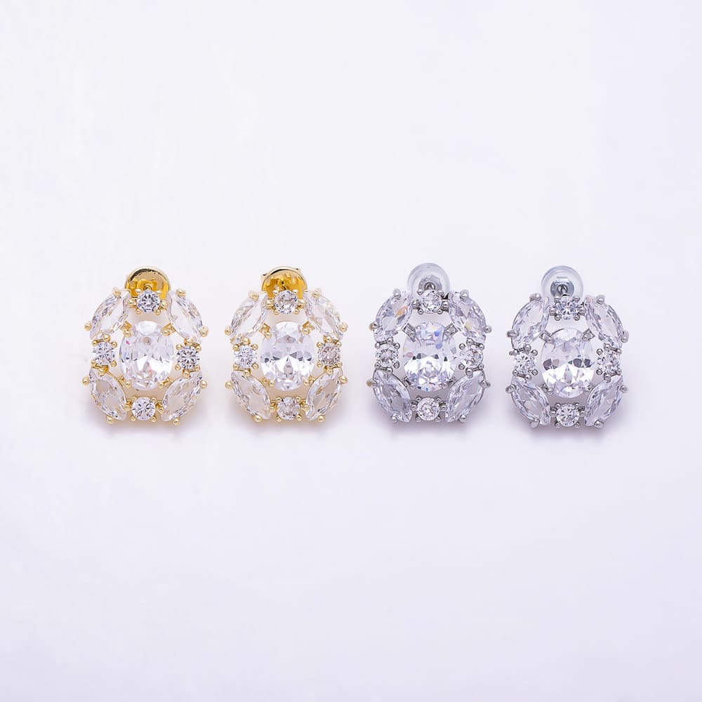16K Gold Filled 17mm Oval & Marquise CZ Floral Cluster Stud Earrings in Gold & Silver | Earrings-00886 - Earrings-00887