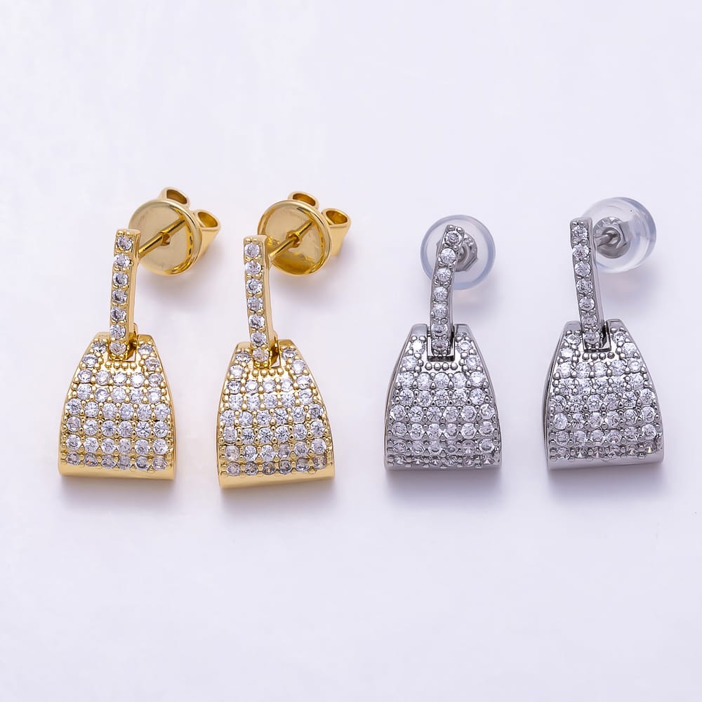 16K Gold Filled 18mm Clear Micro Paved CZ Handbag Tote Bag Stud Earrings| Earrings-00880 - Earrings-00881
