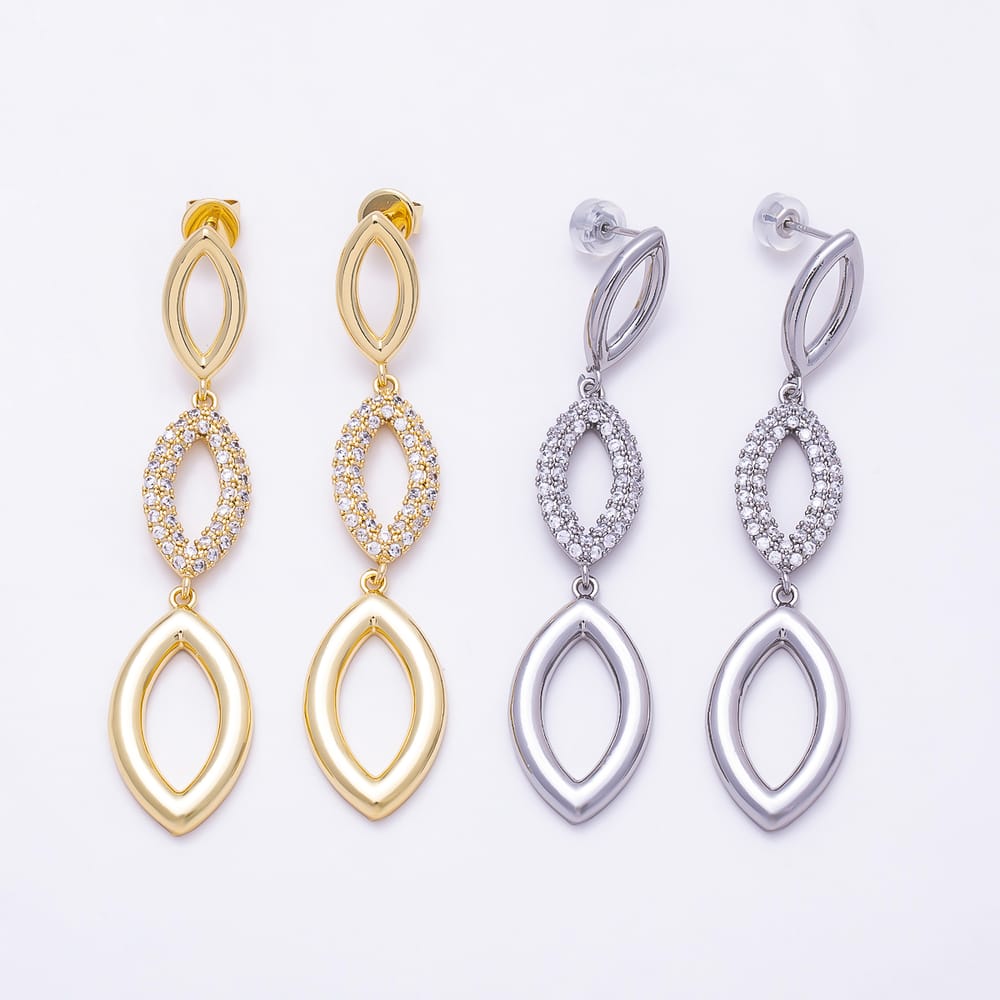 16K Gold Filled 65mm 3-Tier Marquise Micro Paved CZ Drop Stud Earrings| Earrings-00884 - Earrings-00885