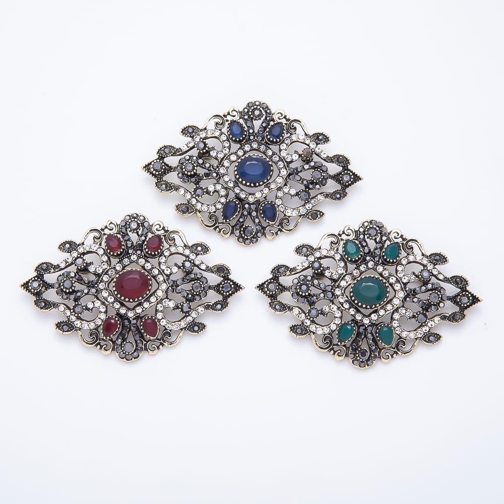 Vintage Gold 45mm Blue, Red, Green Rhinestone Oval Filigree Statement Pin Brooch | BH-00212