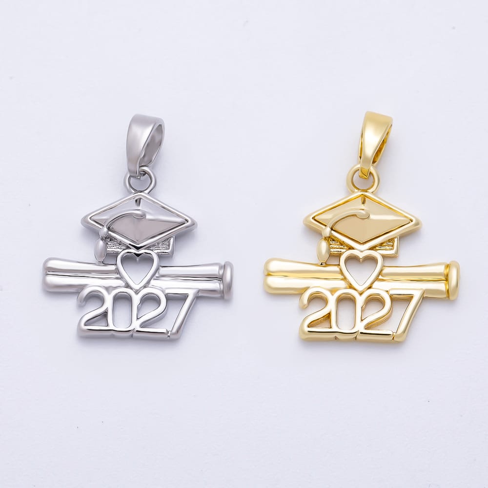 16K Gold Filled 18mm 2027 Graduation Cap Diploma Scroll Open Heart Pendant in Gold & Silver | Charms-02479 Charms-02480