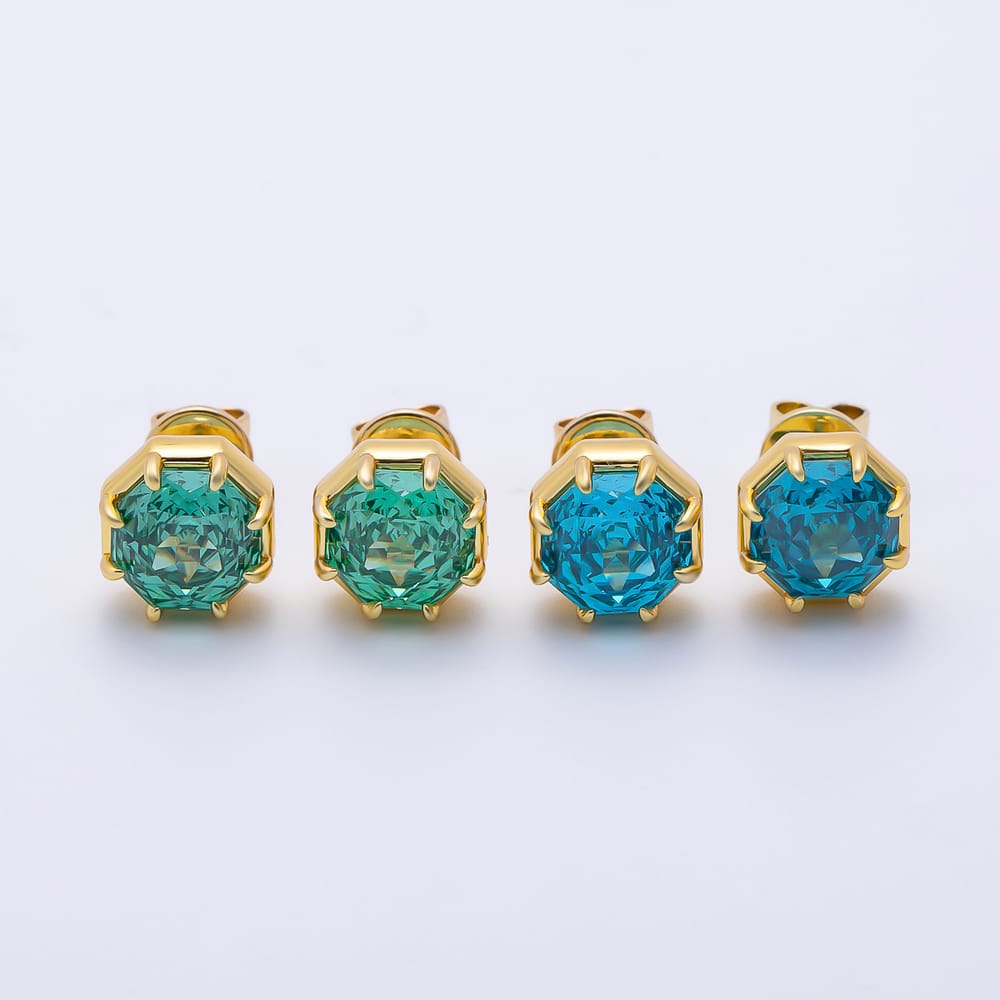 16K Gold Filled 10mm Blue, Green CZ Hexagon Prong Solitaire Stud Earrings | Earrings-01255 Earrings-01256